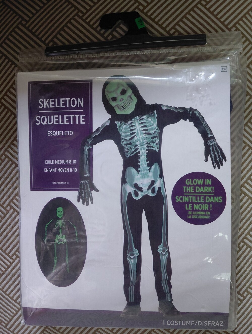 Glow-In-The-Dark Skeleton Child Costume Green & Black Size Med 8-10 New In Pkg